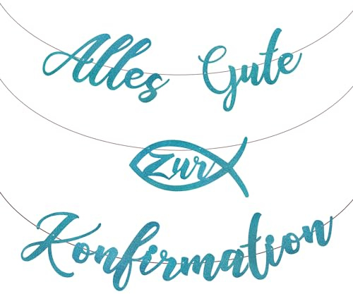 Oblique Unique Girlande Alles Gute zur Konfirmation mit Fisch-Motiven - Hängedeko für Jungen - Konfirmationsdeko Banner 2,3 m Türkis Glitzer-Buchstaben
