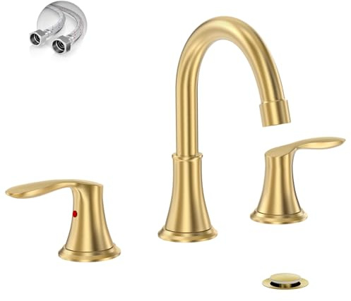 Phiestina Brushed Gold Widespread 8 Inch 3 Holes Bathroom Faucet，2 Handles Modern Bathroom Sink Faucet with Metal Pop-Up Drain & Water Supply Line, WFTY36-BG