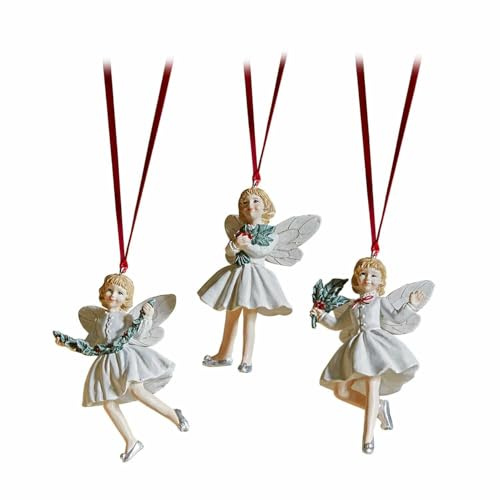 Loberon Anhänger 3er Set Solenisse, Handbemalte Einzelstücke, Zauberhafte Feen-Figuren, Christbaumschmuck, Weihnachten, Weihnachtsdeko, Polyresin, Polyester, weiß/rot/grün