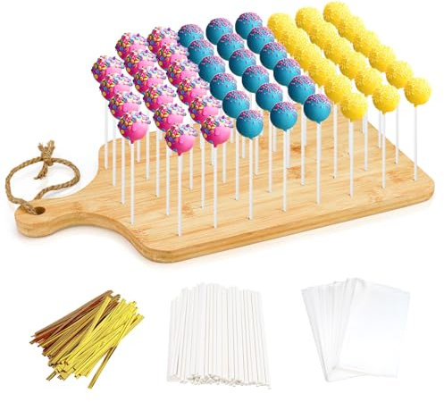 Premium Bamboo Cake Pop Stand with 52 Holes, Includes 90 Cake Pop Sticks and Wrappers Lollipop Holder for Birthdays, holidays, Weddings Cake Pop Stand for Drying and Displaying Cake Pops (52 holes)
