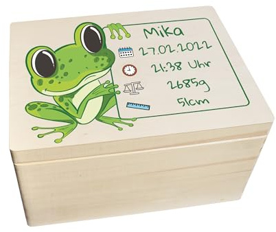 CHICCIE Erinnerungsbox personalisiert für Baby & Kind mit Druck farbig Frosch - Geburt Holzkiste für schöne Erinnerungen - Holz-Box Erinnerungskiste 40x30x23cm