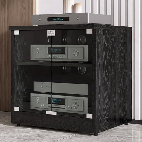 JIAOCKJIAO Stereoschrank, Audio Rack Hi Fi Regal mit Glastür, Hi Fi Rack mit Kabellöchern, AV Phonoschrank, Moderner TV-Ständer aus Holz, mit Verstellbaren Regalen(Nero,2 Tier 120x48x37CM)
