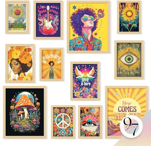 97 Decor Décoration de chambre hippie pour chambre à coucher – Art mural bohème hippie des années 70, impressions d'art mural rétro – Images groovy collage hippie, affiches mignonnes pour dortoir