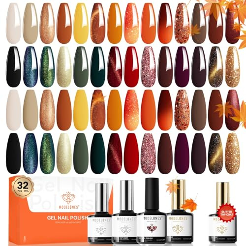 MODELONES 32Pcs Nail Polish Set, 28 Colors Fall Gel Polish With Glitter & Glossy & Matte Top Coat, No Wipe Base Coat, Yellow Orange Brown Nude Glitter Soak Off LED Nail Art Kit Salon at Home