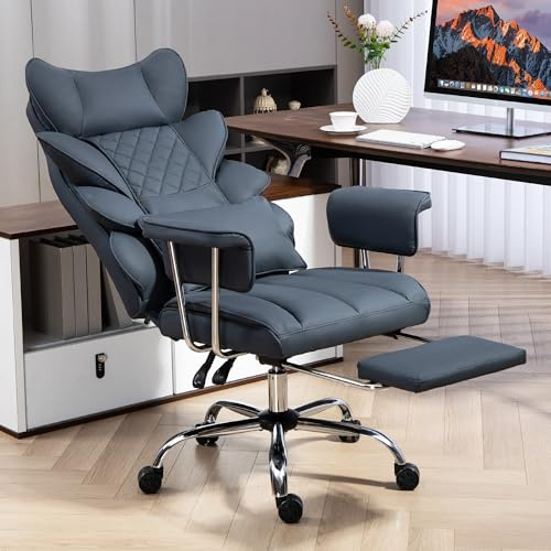 LONXIU Ergonomischer Bürostuhl mit Fußstütze, Chefsessel Bürostuhl mit 360° Drehfunktion, 90-135° Verstellbarer Rückenlehne und weichen Armlehnen für optimalen Komfort (Dunkelblau)