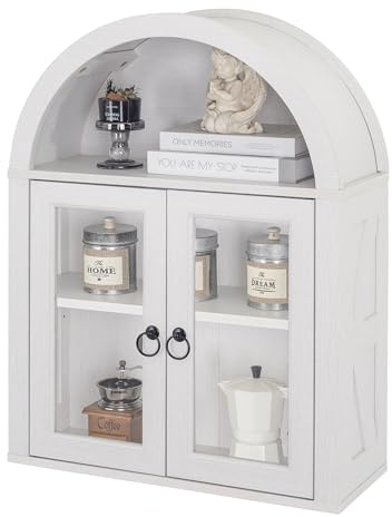 TDLEAYYD Arched Wall Cabinet with Glass Door, Arch Display Wall Mounted Cabinet, Farmhouse Wall Cabinet with Shelves for Living Room, Bathroom, Kitchen (White)