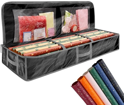 Borsa per Carta da Regalo Natale, Organizer Carta Regalo Con Cerniera e Manici per Natale Rotoli Rotolo di Carta da Regalos Nastri, Palline, 105x35x16cm Nero Borsa Portaoggetti per Cartas Regalos