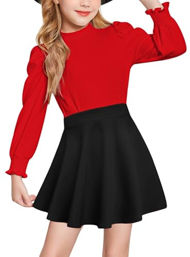 Arshiner Set di Abbigliamento per Ragazze Abiti Casual a Maniche Lunghe Maglietta Rossa con Gonna Scozzese Set Bambini Gonna Autunnale due Pezzi Abbigliamento per Ragazze 13-14 Anni