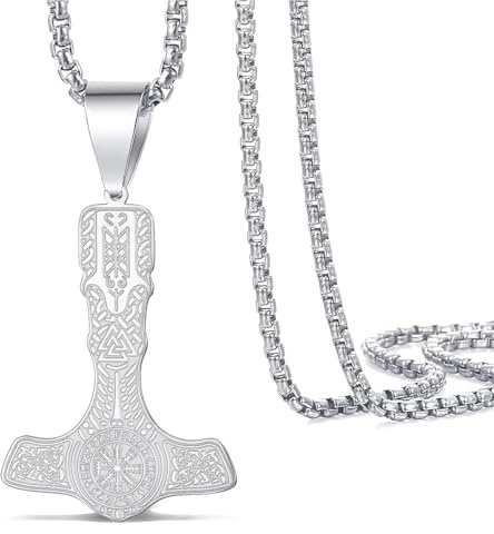 VASSAGO Wikinger Thors Hammer Halskette für Herren, Vintage nordischer Mjolnir Anhänger Halsketten Edelstahl nordisches heidnisches Amulett Schmuck