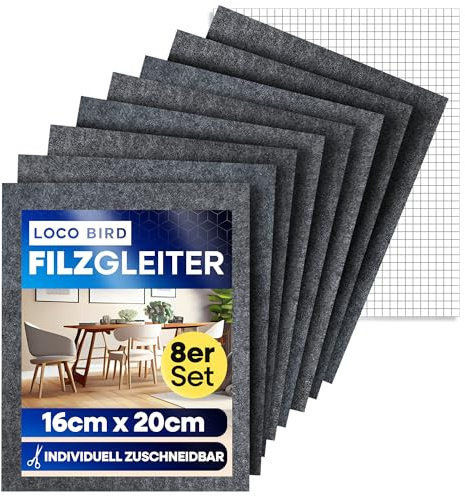 Loco Bird Lot de 8 patins en feutre autocollants à découper - 16 x 20 cm - 4 mm - Gris - Patins de meubles - Protection de parquet pour pieds de chaise - Plaques en feutre - Adhésif en feutre