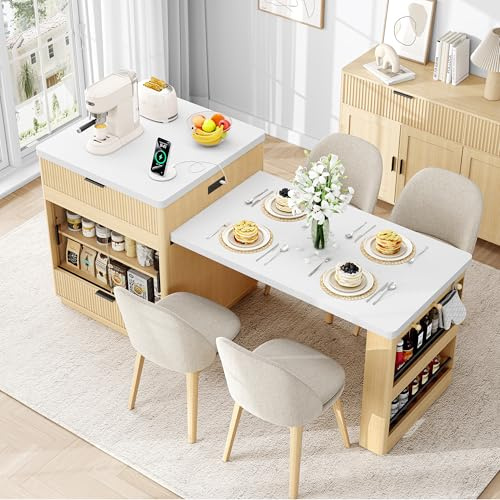 IRONCK 78.7 Kitchen Island with Extendable Dining Table & Storage for 2-6, with Motion-Sensor LED Tempered Glass Cabinet, Charging Station, Spice Racks, Quartz Laminate Top for Dining Room (Oak)