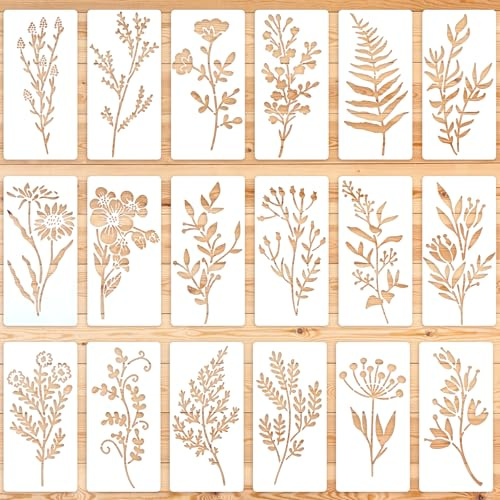 XUEJIE - 18 plantillas de flores para pintar, plantillas reutilizables de hojas de flores de 6 x 3 pulgadas, plantillas florales pequeñas con diseños de hojas de vid para manualidades, paredes de