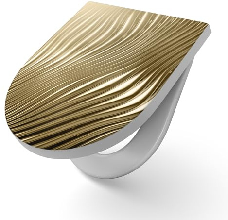 DEQORI Abattant de WC avec motif « Rainures dorées » - Abattant de WC blanc en Duroplast - Format 36,4 x 45,4 cm - Antibactérien - Pour WC en forme de D - Facile d'entretien et décoratif