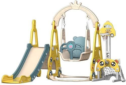 7-in-1 Kinder Spielplatz Set, Rutsche mit Schaukel und Basketballkorb, 152x164x123cm, Multifunktionale Spielstation mit Fußball und Golf #20323