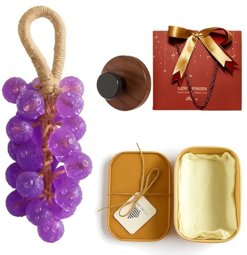 Grape Soap on a Rope, Grape Shaped Soap with Hook, Handmade Crystal Grapes Gentle Cleansing Soaps, Fresh Air, Decorative for Washing Hands and Bath, for Men and Women (Purple (Lavender scent))