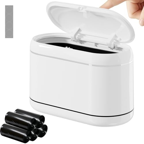 PAVSTINE Poubelle de Table Avec Couvercle Rabattable, Mini Poubelles Conception À Double Chambre, Mini Poubelle Salle de Bain Équipé de 5 Rouleaux de Sacs Poubelles et de 4 Tapis Antidérapants, Blanc