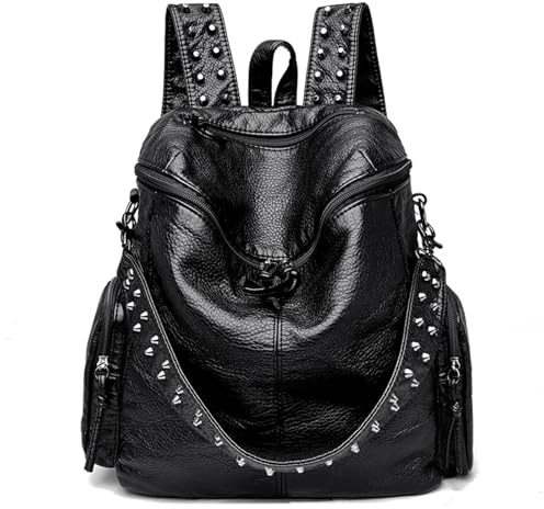 ZHSOAO Sacs à dos en cuir souple Rivet for femmes Sac bandoulière for dames d'école de grande capacité pour Voyages(Black)