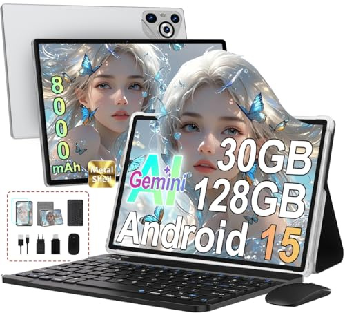 Tablette 10 Pouces Android 15, 30Go RAM+128Go ROM,8000mAh,avec Clavier-Gris | Écran IPS HD, Octa-Core, TF 2To extensible, WiFi 6, Métal, Face ID, Widevine L1, Souris & Étui inclus