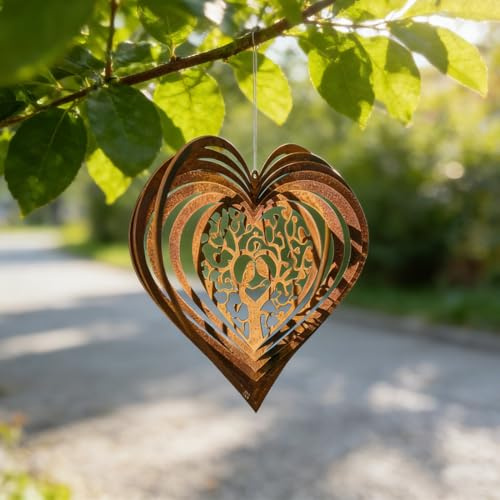 WRQIOO Carillon éolien de jardin aspect rouille 25 cm - Carillon éolien en forme de cœur pour l'extérieur - En métal - Pour jardin et balcon