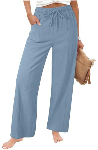 Linen Trousers Womens UK - Ladies Linen Trousers Wide Leg Petite Casual Smart Elasticated Waist Palazzo Pants Straight Going Out Loose Fit Summer Comfy Beach Holiday Bottoms with Pockets