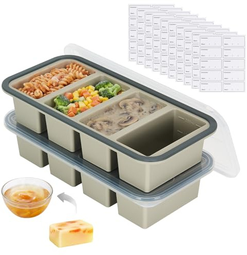 2-pack soppfrysningsbehållare, 4 fack × 300 ml soppkub silikon frysbehållare med lock, BPA-fri mat, soppfrys, soppa, isbitsform för buljong, sås (grå)