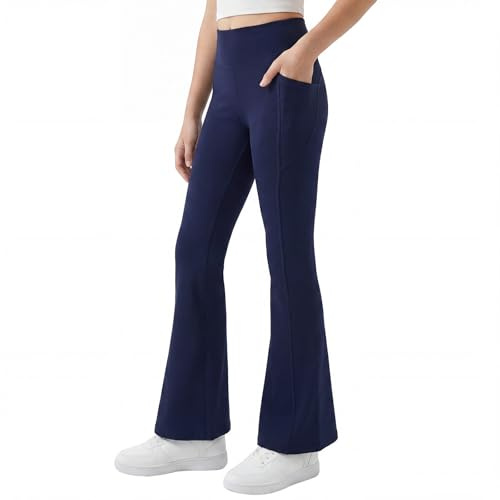 JinBei Flickor utsvängda leggings hög midja barn stretchiga atletiska skolbyxor med fickor yogapanter klockunderdel bootcut byxor lätta kläder för dans vardagliga sporter, 7-13 år