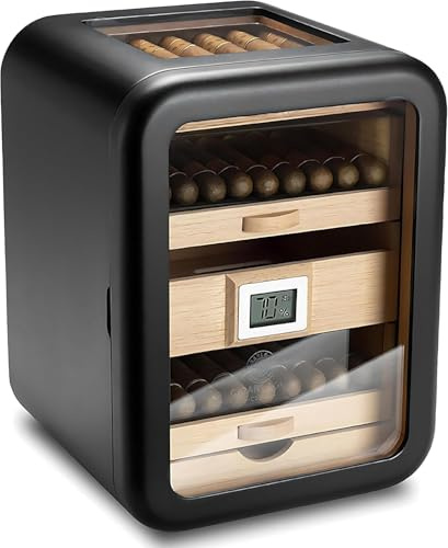Humidificador de puros con higrómetro y humidificador, caja de almacenamiento de cigarros forrada de madera de cedro con capacidad para hasta 110 puros, con tragaluz para uso doméstico y bar (B)