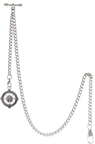 TREEWETO Men's Albert Chain Pocket Watch Curb Link Key Chain 2 Hooks with Antique Compass Silver Pendant Design Charm Fob T Bar