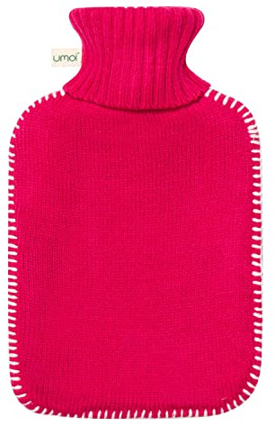 Bouillotte de haute qualité en caoutchouc naturel 1.8 litres avec housse en tricot fin gris foncé et couvercle à coutures blanches (Rose)