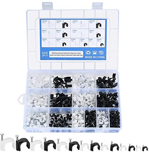 Round Cable Clips, 600 Pcs Cable Wire Clips Clamps with Nails Assortment, Cable Tidy Wall Clips for Wire Ethernet Telephone TV Wire Cables Fixing Clips - Black, White, 4mm/5mm/6mm/7mm/8mm/10mm/12mm