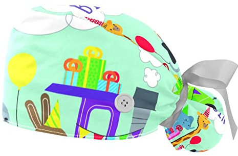 2 Packungen Arbeitskappe mit Knöpfen und Band für Frauen langes Haar, verstellbares Baumwollschweißband Pferdeschwanzhalter, Raffhalter Hüte, alles Gute zum Geburtstag Tier Zoo