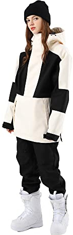 SEARIPE Women Ski Jacket and Pants Set Waterproof Hood Ski Suits Windproof Snowsuits for Winter Sports(T2152,WT+BK,L)