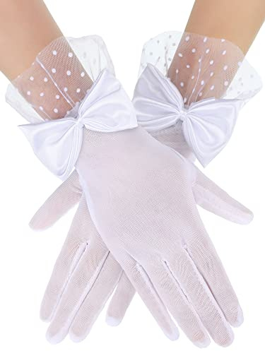 Bencailor Women Lace Gloves Wedding Tea Party Gloves Bow Short Mitten Elegant Accessories for 1920s Opera Funeral(White,Lace Style)