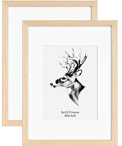 Yaetm 9x12 Oak Picture Frame Matted to 6x8 Set of 2, Natural Solid Wood Photo Frames 9x12 with Tempered Glass, Horizontal and Vertical Wall Mounting (2 Pack, Oak)