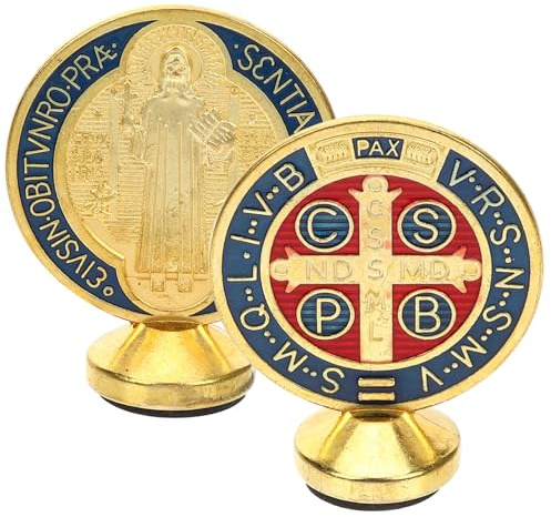 Veemoon Estatua De San Benito 2 Uds. Crucifijo Católico De Escritorio Cruz con Soporte Estatua Estatuilla Religiosa Recuerdo De Bautismo para El Hogar La Oficina Dorada
