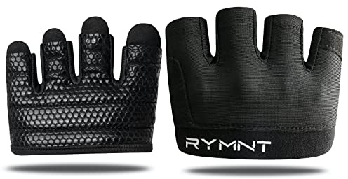 RYMNT Minimal Workout Gloves,Short Micro Weight Lifting Gloves Grip Pads with Full Palm Protection & Extra Grip for Men Women Weightlifting,Gym,Cross Training,Powerlifting,WODs.Black-Medium