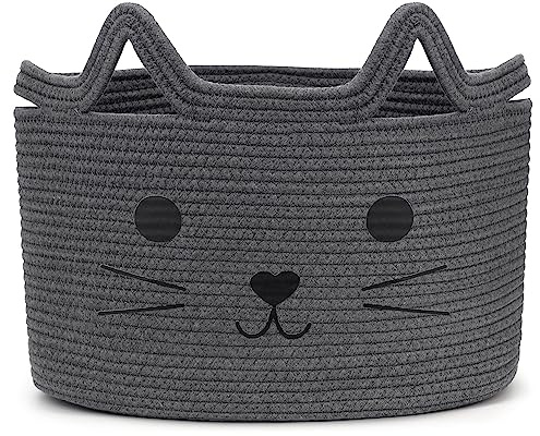 Goodheim Aufbewahrungskorb Kinder aus Baumwolle für Spielzeug und Wäsche, Wäschekorb und Spielzeugkorb in einem, Kinderzimmer Deko Graue Katze