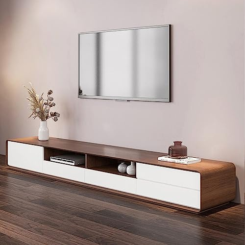 POVISON TV Schrank weiß, moderner TV Board 240cm aus Holz, niedrige Multimediakonsole mit 4 Schubladen, offenes Aufbewahrungsmöbel, Nussbaumfurnier, komplett montiert