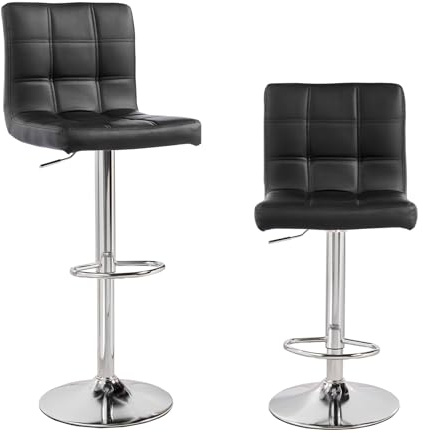 Height Adjustable Cuban Bar Stool - Synthetic Leather 360° Swivel With Backrest and Footrest for Kitchen, Counter, and Breakfast Bar - Black, Set of 2