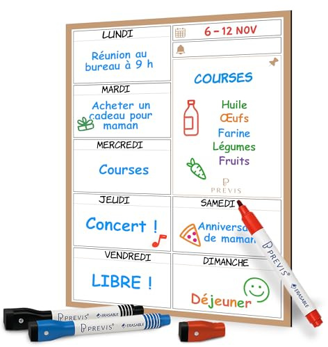 Previs Wochenplaner Abwischbar mit 3Löschbaren Stiften - Magnettafel für Küche und Kühlschrank - Magnetisch Whiteboard