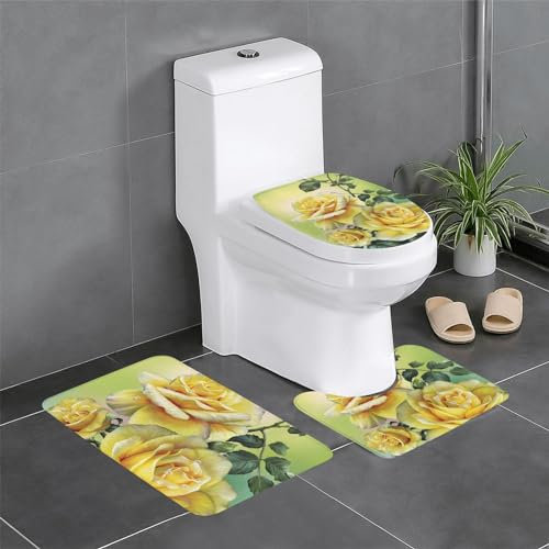 TRESILA 3-teiliges Badematten-Set, rutschfest, Badezimmermatte, WC-Vorleger, Teppich, Flanell, Bodenmatte, Druck, Türmatten – gelbe Rose