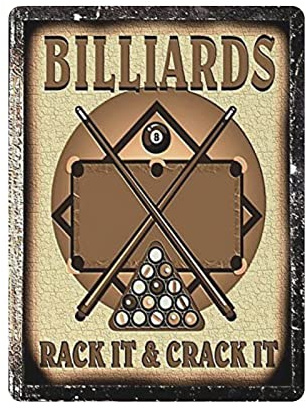 Metall-Blechschild „Billards Rack It Crack It, Vintage-Blechplakat, Metallschild, WandDekoration, Landhaus-Küche, Zuhause, Garage, Dekor, 40,6 x 30,5 cm