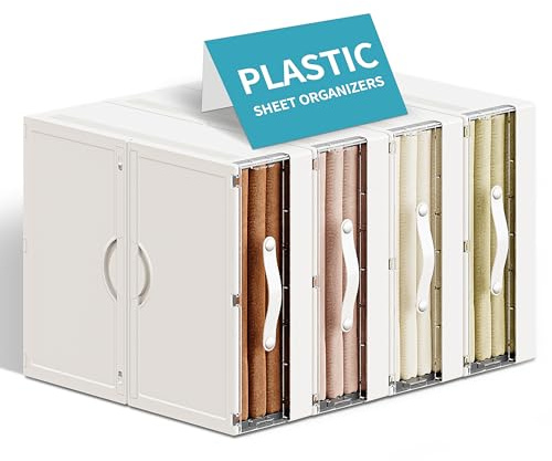 MSHOMELY Plastic Bed Sheet Organizers and Storage 4 Pack Sheet Set Storage Organizer, Foldable Linen Closet Organizer with Window, Lockable Storage Bins for for Bedding Sheets, Duvet Covers, Blankets