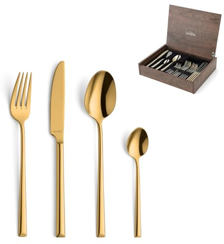 Amefa METROPOLE Besteck Set 24-tlg., 18/10 Edelstahl, 6 Personen | gold, hochglanzpoliert, rostfrei, für Menügang, abgeschrägte Griffenden, 6 Menümesser, 6 Gabeln, 6 Löffel, Kaffeelöffel