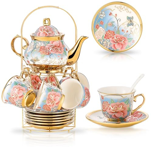 20-teiliges Porzellan-Teeset mit Metallhalter, europäisches Keramik-Teeset für Erwachsene, Blumen-Teeset, Tee-Set für Frauen mit Blumenmalerei (lebendiges Blau, große Sicht)