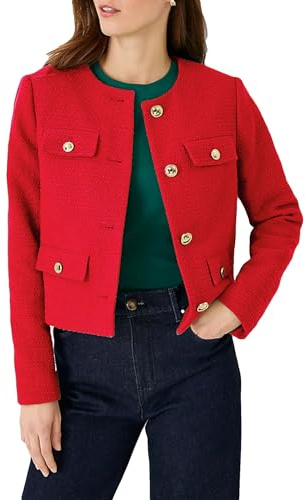 YEXPINE Cropped Tweed Blazer Jackets for Women Elegant Slim Collarless Business Casual Outfits, Red, M