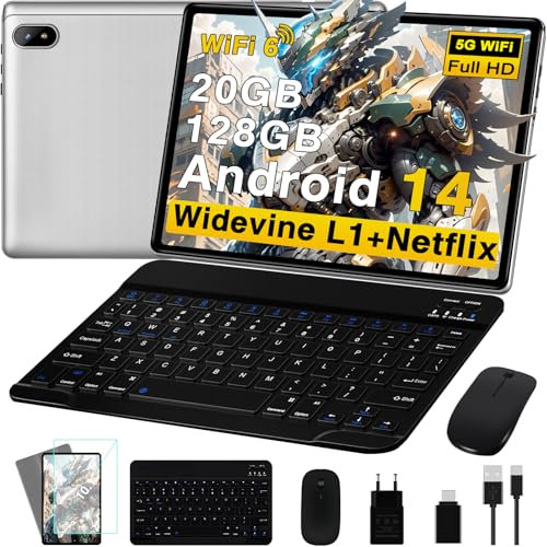 Tablet 10 Pollici Android 14 con 20GB RAM+128GB ROM (TF 1TB), 5G WiFi 6, Octa-Core 2.0 GHz, GMS, Bluetooth 5, 5MP + 8MP, 1280 * 800 FHD IPS, 2025 Newest Tablet Widevine L1 con Tastiera e Mouse,Silvery