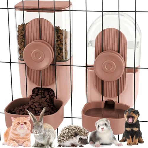 1L Rabbit Food Water Dispenser, Small Animals Pet Feeder and Waterer Set Hanging Automatic Food Water Bowl for Cage, Feeding Water Station for Small Dog Cat Kitten Bunny Guinea Pig Ferret (Pink-Set)