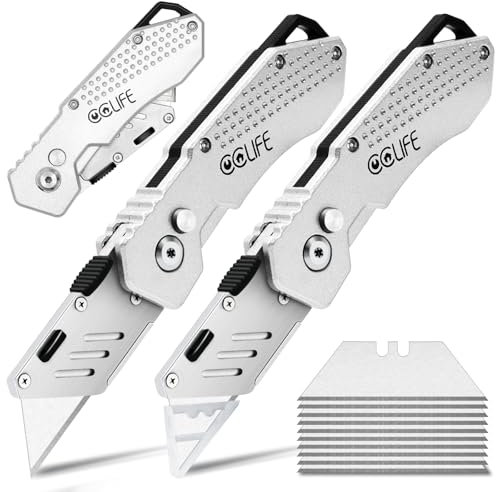 CCLIFE 2 pezzi Taglierino Pieghevole Professionale, Cutter Universale Portatile con 10 Lame Aggiuntive, Clip da Cintura e Blocco di Sicurezza, Argento