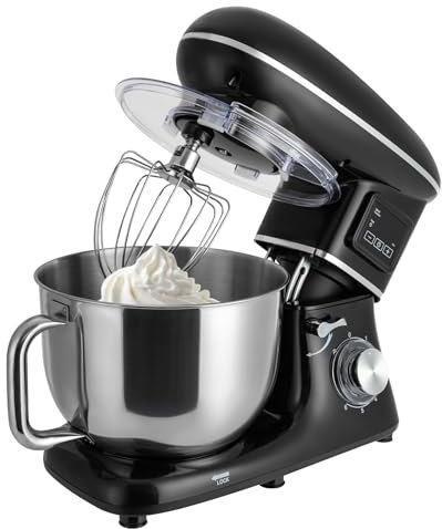 Küchenmaschine, 6.2 L Touchscreen Knetmaschine, 1500 W Teigmaschine mit LCD Display, Timing Funktion, beinhaltet 5-teiliges Zubehörset und Spritzschutz (Schwarz)